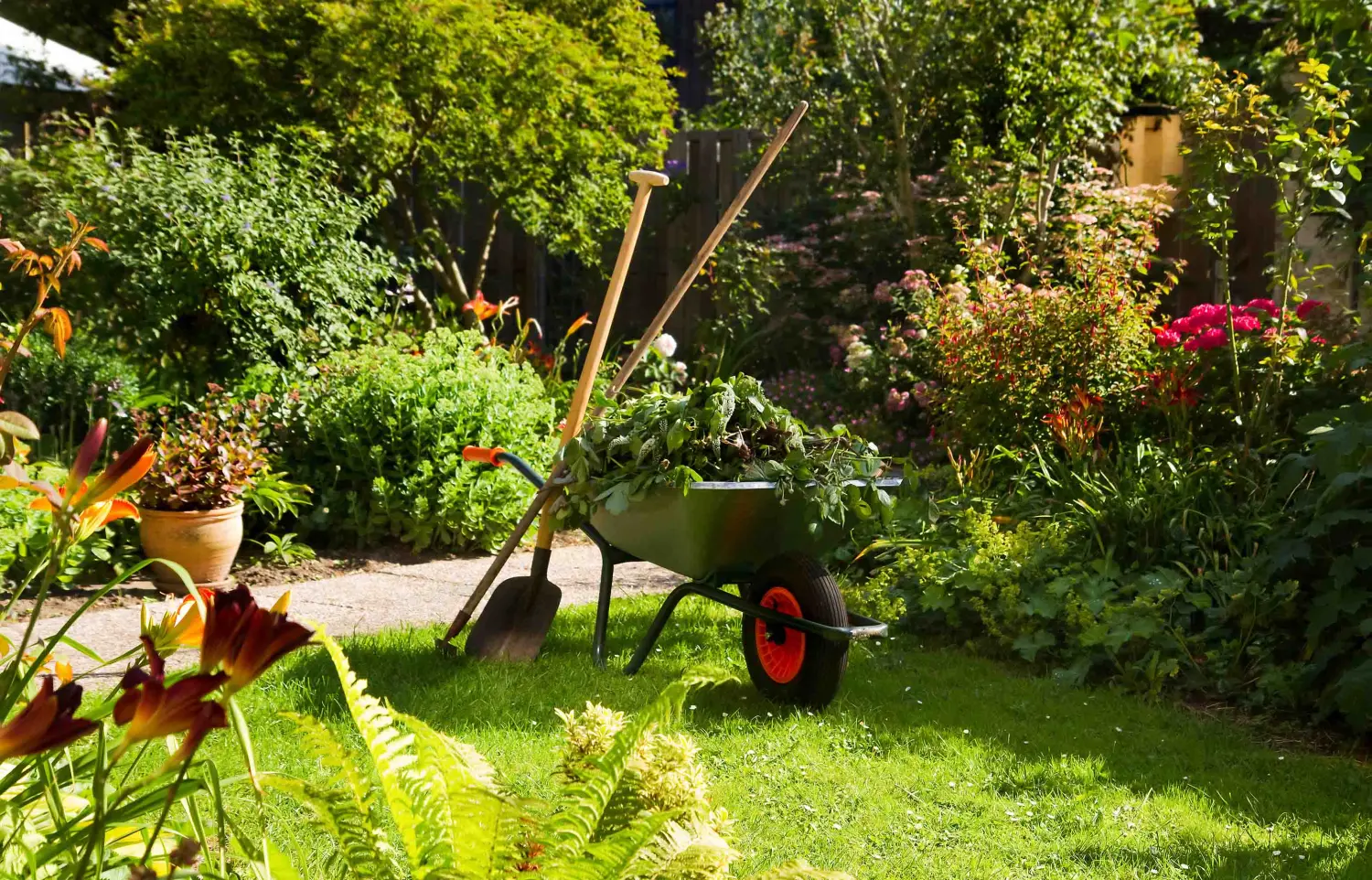 schöner Garten mit Holzbank