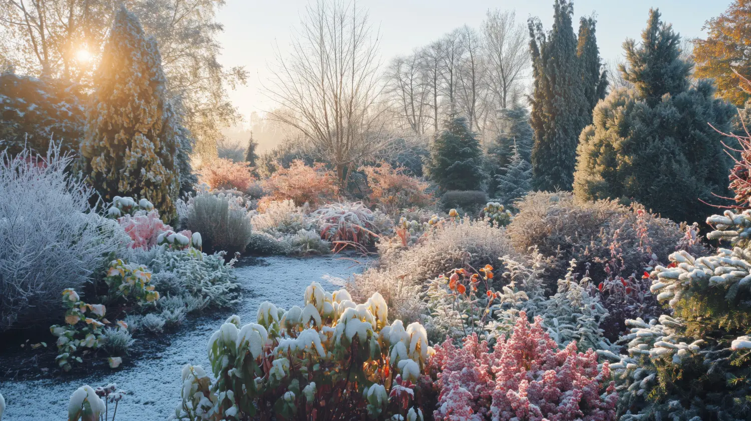 Ruhige Wintergartenszene mit frostbedeckten Blumen und Pflanzen, die im warmen Schein der frühen Morgensonne getaucht sind