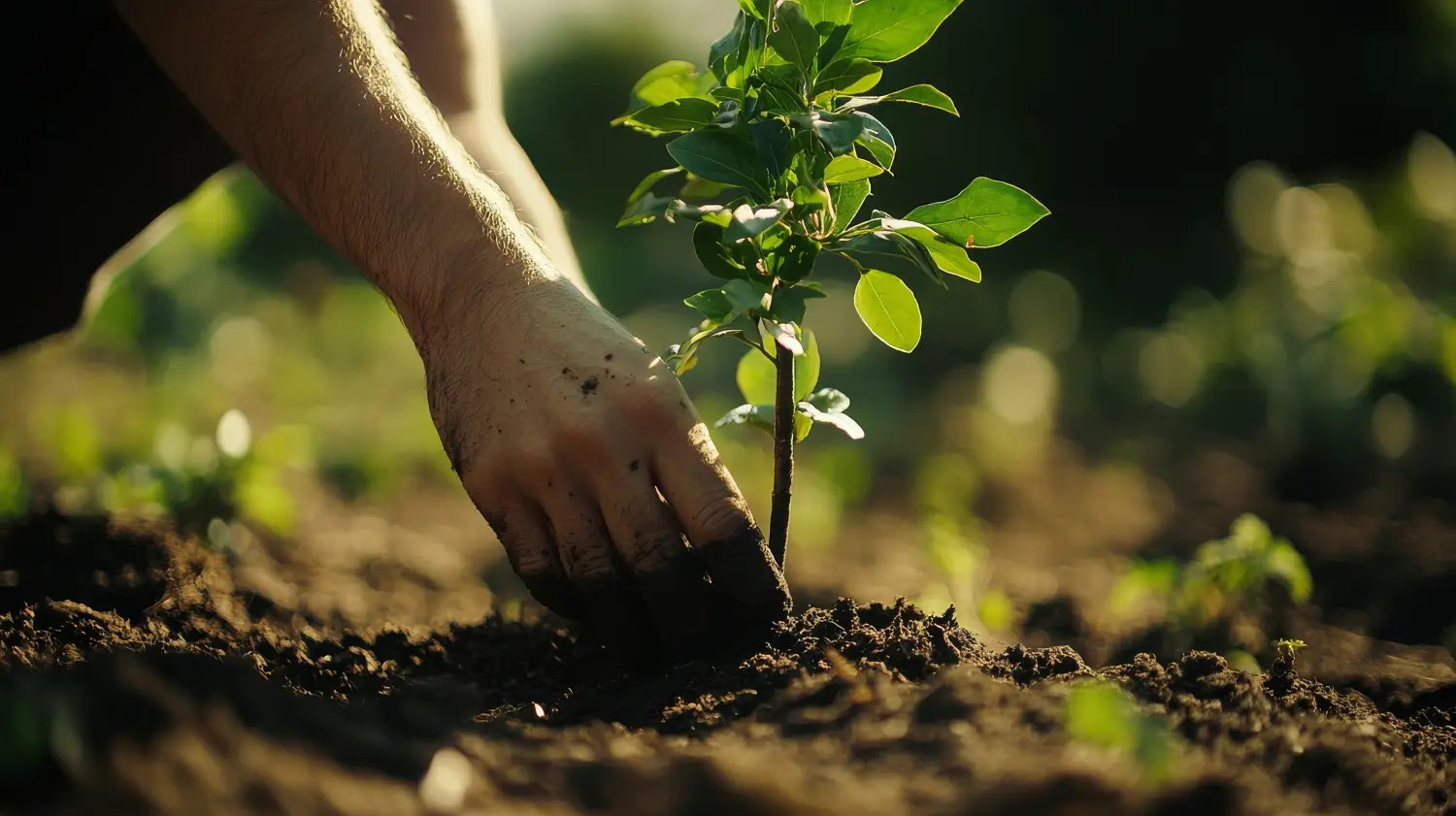 Eine Person pflanzt einen Baum in einem Gemeinschaftsgarten